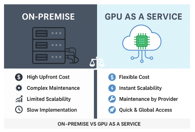 Side-by-side infographic comparing On-Premise and GPU as a Service (GPUaaS). The left side shows traditional servers with high costs and maintenance needs, while the right side illustrates cloud GPU with flexible pricing, easy scalability, and fast deployment.