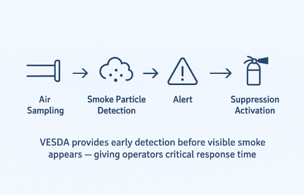 Infographic illustrating VESDA fire detection process in data centers: air sampling, smoke particle detection, alert, and suppression activation