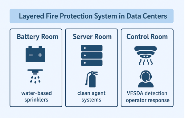 Infographic showing layered fire protection systems in data centers, including early detection, clean agent suppression, and water sprinklers.