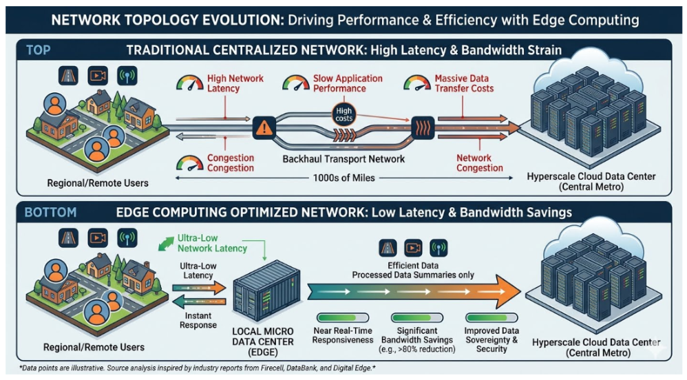 Network Topology Evolution – Traditional Centralized Network vs. Edge Computing Optimized Network